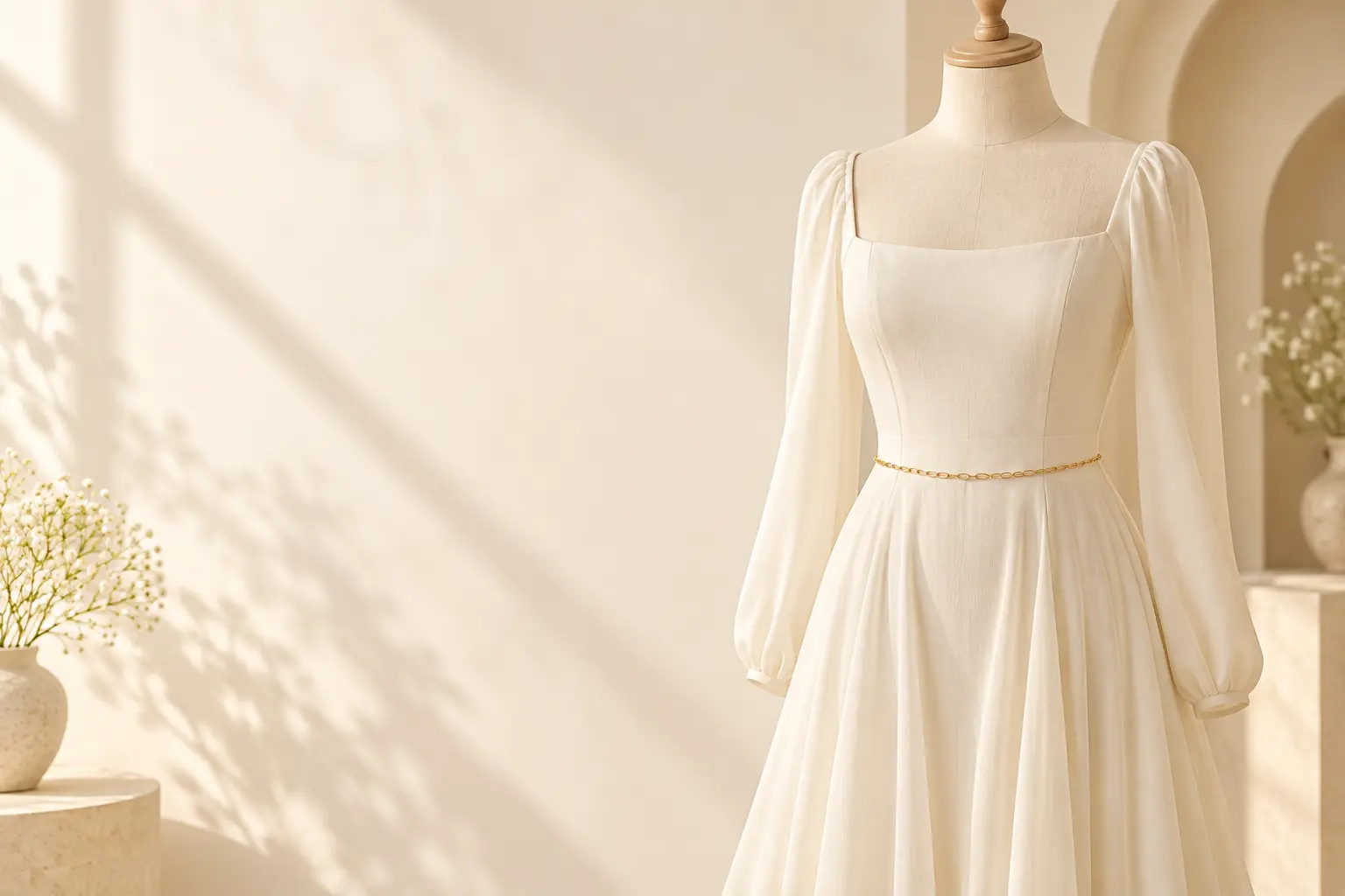 Gold fine-link waist chain styled on an ivory dress in warm natural light